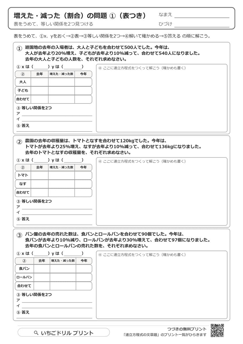 連立方程式の文章題プリント|増えた・減った(割合)(基本から応用まで5枚・答えつき) 問題(サンプル)