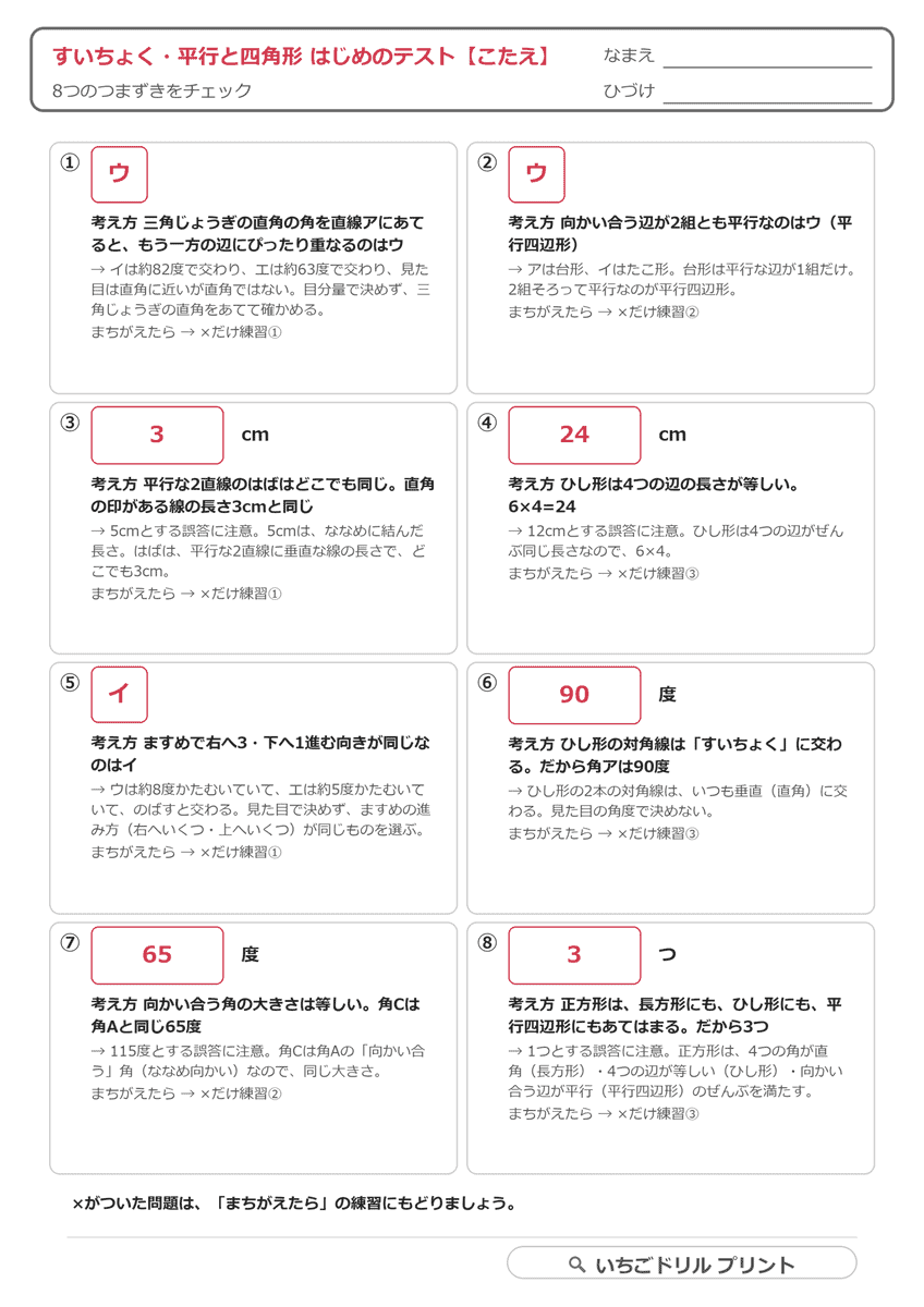 垂直・平行と四角形 はじめのテスト 答え(サンプル)