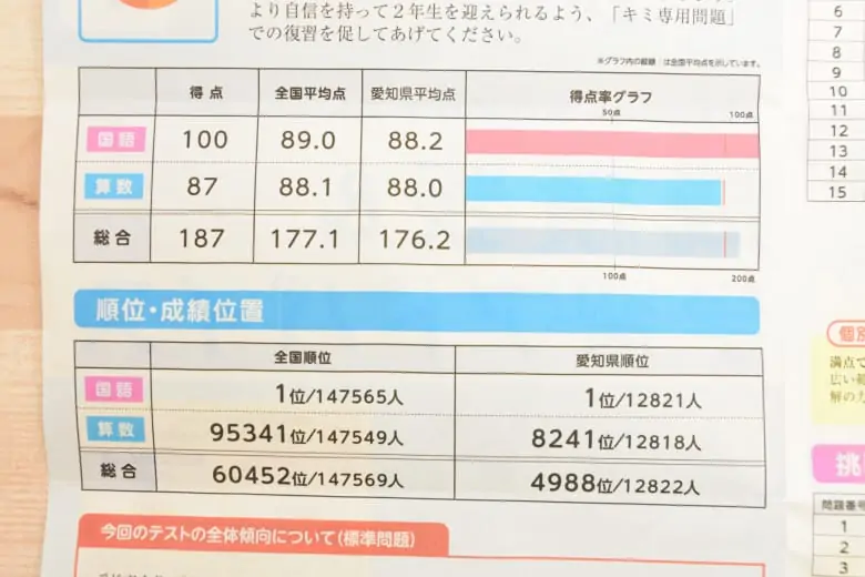 進研ゼミ小学生講座の実力診断テストの結果