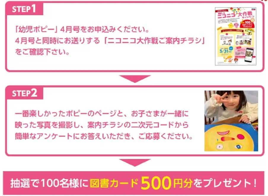 ポピーでニコニコ大作戦キャンペーンに参加すると、図書カードがもらえる